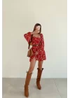 Kadın Kirmizi Çiçek Desen Elbise 0990-2711