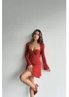 Kadın Kırmızı Dantel Detay Elbise 1026-221477