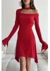 Kadın Kırmızı Omuz Dekolte Sandy Elbise 1009-0883