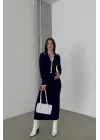 Kadın Lacivert Fitilli Düğmeli Uzun Elbise 1007-6023