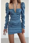 Kadın Mavi Büzgülü Desenli Elbise 0990-231008