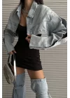 Kadın Mavi Crop Kot Ceket 1034-0001