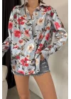 Kadın Mavi Desenli Saten Gömlek 0999-23048