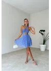 Kadın Mavi Ekose Dekolte Elbise 0990-223105