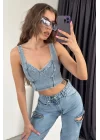Kadın Mavi Fermuar Detay Kot Büstiyer 0970-5559