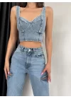 Kadın Mavi Fermuar Detay Kot Büstiyer 0970-5559