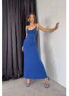 Kadın Saks Askılı Uzun Elbise 1009-0614