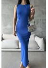 Kadın Saks Sıfır Kol Uzun Elbise 0956-1998