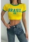 Kadın Sarı Brasil Baskı Crop