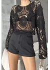Kadın Siyah Ajurlu Oversize Bluz 0528-0100