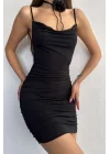 Kadın Siyah Askılı Degaje Elbise 1026-1158