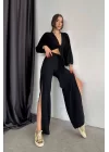 Kadın Siyah Bağlamalı Crop Pantolon Müslin Takım 1017-3333