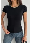 Kadın Siyah Biyeli T-shirt 0709-4003