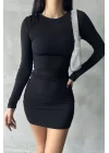 Kadın Siyah Büzgülü Kısa Elbise 1009-0843
