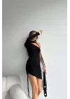 Kadın Siyah Büzgülü Tek Kol Elbise 1026-221442