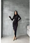 Kadın Siyah Büzgülü Uzun Elbise 1026-221419