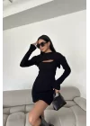 Kadın Siyah Crop Kazak Elbise Triko Takım 0999-23220