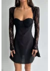 Kadın Siyah Dantel Detay Elbise 1026-221477