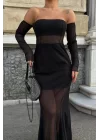 Kadın Siyah Degaje Yaka Tül Detay Elbise 0999-9022