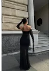 Kadın Siyah Degaje Yaka Tül Detay Elbise 0999-9022