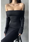 Kadın Siyah Degaje Yaka Uzun Elbise 1017-2407