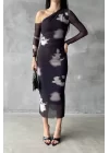 Kadın Siyah Desenli Uzun Elbise 1026-221401