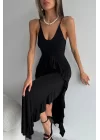 Kadın Siyah Fırfırlı Askılı Elbise 1009-0873