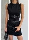 Kadın Siyah Kemerli Kolsuz Elbise 1026-221470