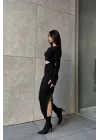 Kadın Siyah Önü Açık Triko Elbise 1007-2011