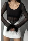 Kadın Siyah Otriş Detay Bluz 1026-221398