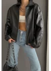 Kadın Siyah Oversize Deri Mont 1009-0903
