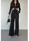 Kadın Siyah Pliseli Bluz Cepli Pantolon Takım 0999-23019