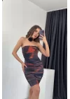 Kadın Siyah Straplez Batik Desen Tül Elbise 0994-9494