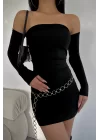 Kadın Siyah Straplez Düşük Omuz Elbise 0956-1708