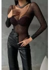 Kadın Siyah Taşlı Bodysuit 1026-221410