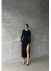Kadın Siyah Tokalı Sırt Dekolte Uzun Elbise 1026-221413