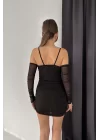 Kadın Siyah Tül Detay Dekolte Elbise 1026-1153