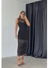 Kadın Siyah Tül Detay Uzun Elbise 1032-2003