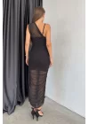 Kadın Siyah Tül Detay Uzun Elbise 1032-2003