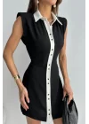 Kadın Siyah Vatkalı Düğmeli Elbise 0709-4050