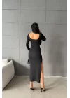 Kadın Siyah Yırtmaçlı Kayık Yaka Uzun Elbise 0999-23252