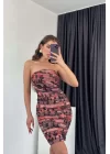 Kadın Somon Straplez Batik Desen Tül Elbise 0994-9494