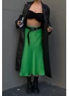 Kadın Yesil Beli Lastikli Saten Etek 0709-1348
