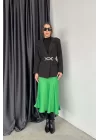 Kadın Yesil Beli Lastikli Saten Etek 0709-1348