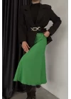 Kadın Yesil Beli Lastikli Saten Etek 0709-1348