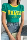 Kadın Yeşil Brasil Baskı Crop 1017-0151