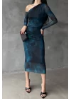 Kadın Yesil Desenli Uzun Elbise 1026-221401