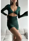 Kadın Yeşil Kol Tül Dekolte Detay Elbise 1026-221353
