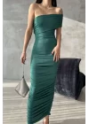 Kadın Yeşil Tek Omuz Yanları Büzgülü Uzun Elbise 1018-0299