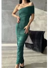 Kadın Yeşil Tek Omuz Yanları Büzgülü Uzun Elbise 1018-0299